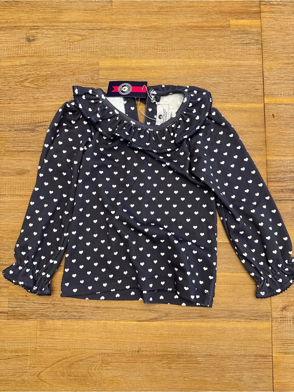 NWT Nantucket Kids Navy Heart Print Ruffle Neck Top